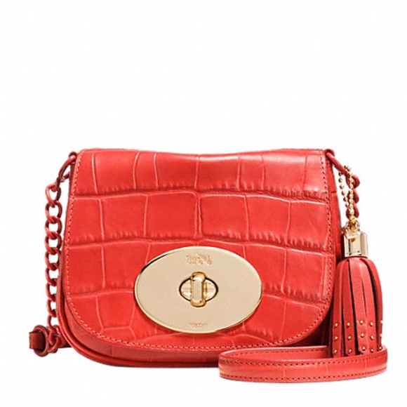 COACH LIV CROSSBODY IN CROC EMBOSSED LEATHER Watermelon Red NEW